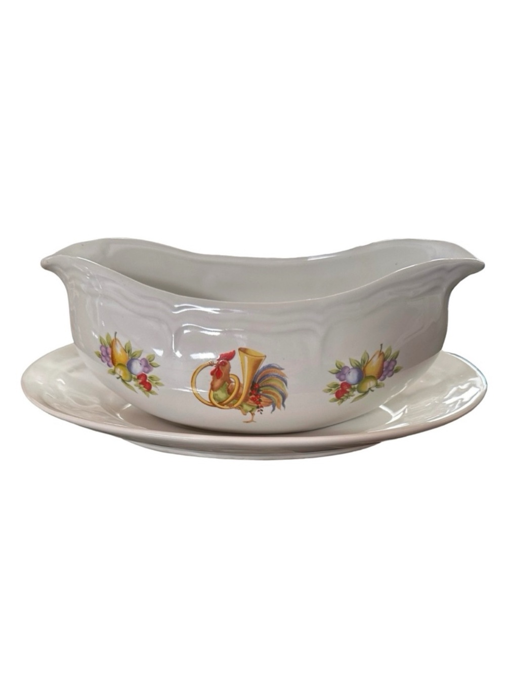 Vntg 1988 Newcor Countryside Gravy Boat Underplate Stoneware Farmhouse Rooster